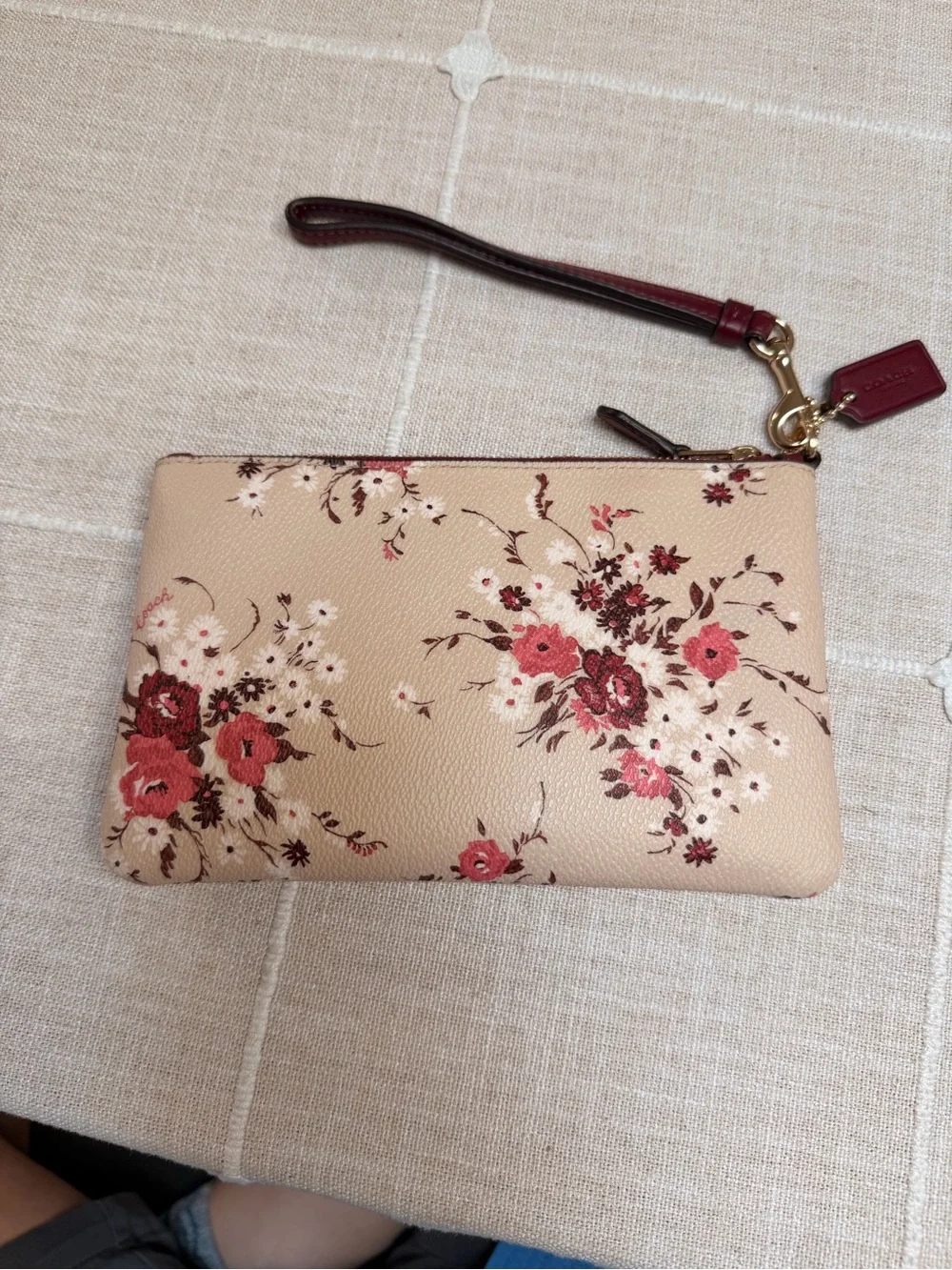Coach Beige Floral Wristlet with Burgundy Trim